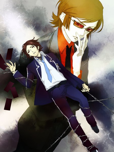 Anime picture 960x1280 with persona persona 2 suou tatsuya suou katsuya joka (night gate) tall image short hair red eyes brown hair looking away multiple boys siblings bondage brothers boy uniform school uniform necktie 2 boys sunglasses