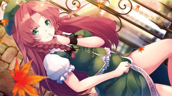 Anime picture 1920x1080 with touhou hong meiling gengetsu chihiro single long hair looking at viewer blush highres smile wide image standing green eyes payot outdoors red hair braid (braids) dutch angle puffy sleeves twin braids finger to mouth