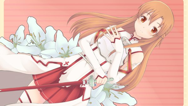 Anime picture 1920x1080 with sword art online a-1 pictures yuuki asuna single long hair blush highres red eyes brown hair wide image girl flower (flowers) weapon detached sleeves sword