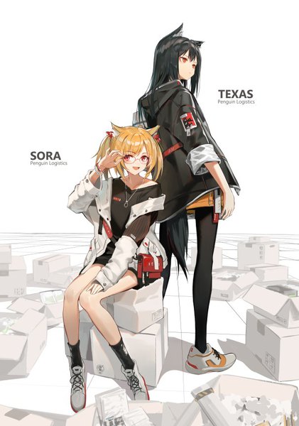 Anime picture 606x864 with arknights texas (arknights) sora (arknights) huanxiang heitu long hair tall image short hair black hair blonde hair red eyes standing sitting twintails multiple girls animal ears tail animal tail orange eyes character names short twintails