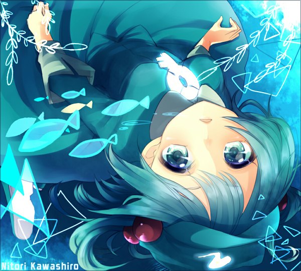 Anime picture 1002x905 with touhou kawashiro nitori etsuo single looking at viewer short hair blue eyes twintails blue hair character names short twintails upside down girl hair ornament hat animal hair tie fish (fishes) hair bobbles key