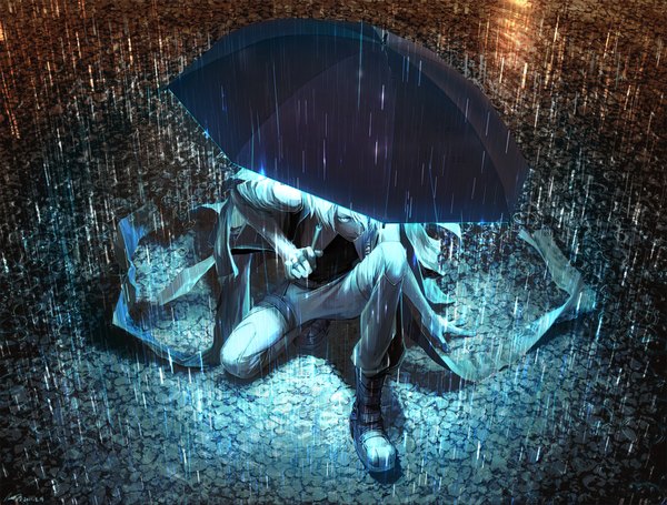 Anime picture 2000x1519 with original yuanmaru single fringe highres short hair blue eyes silver hair hair over one eye glowing rain boy boots umbrella
