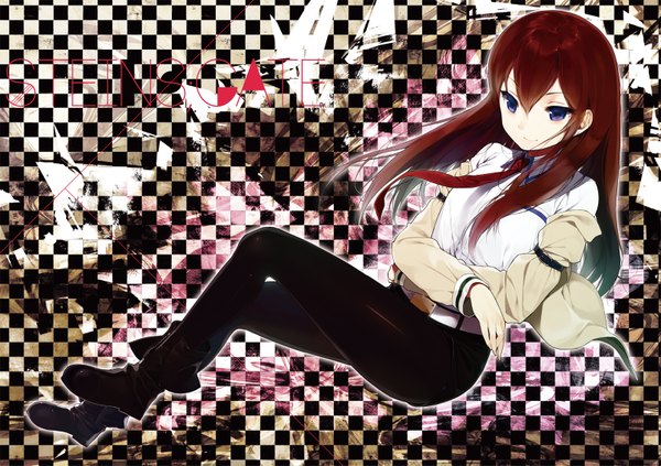 Anime picture 1600x1129 with steins;gate white fox makise kurisu sasamori tomoe single long hair blue eyes brown hair red hair checkered background girl shirt pants