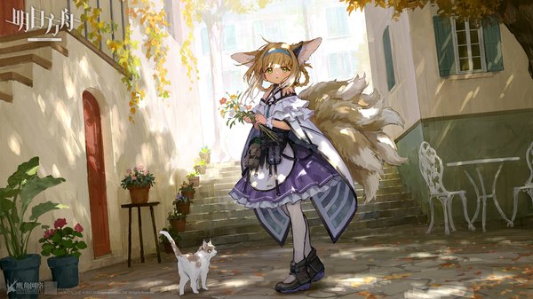 Anime picture 1920x1080 with arknights suzuran (arknights) sho (sho lwlw) single looking at viewer blush fringe highres short hair open mouth blonde hair wide image standing bare shoulders holding green eyes animal ears full body ahoge outdoors