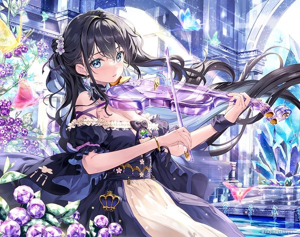 Anime picture 996x788 with original fujima takuya single looking at viewer blush fringe breasts blue eyes black hair hair between eyes bare shoulders holding signed payot cleavage ponytail very long hair parted lips head tilt hair flower