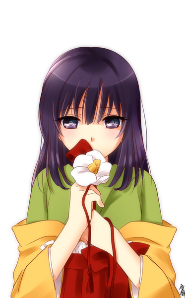 Anime picture 900x1440 with touhou hieda no akyuu zamasaku single long hair tall image fringe purple eyes purple hair upper body traditional clothes japanese clothes transparent background covered mouth girl flower (flowers) camellia (flower)