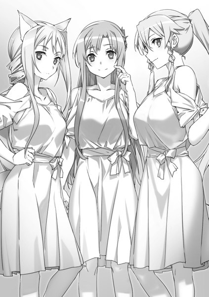 Anime picture 1443x2048 with sword art online sword art online: alicization a-1 pictures yuuki asuna leafa alice zuberg abec long hair tall image looking at viewer blush fringe breasts simple background hair between eyes large breasts standing bare shoulders multiple girls animal ears