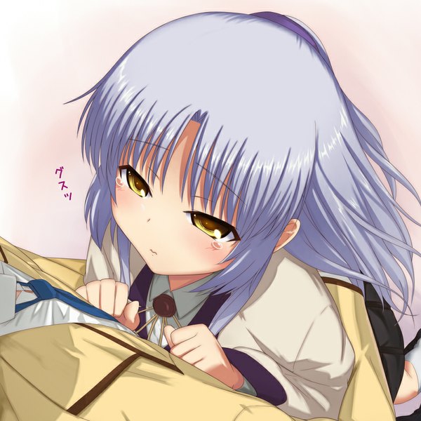 Anime picture 800x800 with angel beats! key (studio) tachibana kanade kanna asuke long hair simple background yellow eyes silver hair pleated skirt hug tears close-up girl skirt uniform school uniform socks necktie white socks