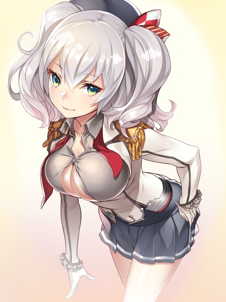 Anime picture 801x1069 with kantai collection kashima training cruiser lasa (lasa1116) single long hair tall image looking at viewer fringe breasts light erotic hair between eyes large breasts twintails green eyes silver hair pleated skirt grey hair leaning leaning forward hand on hip