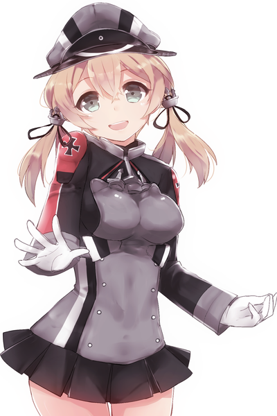 Anime picture 1024x1536 with kantai collection prinz eugen (kantai collection) komachi naruta single long hair tall image looking at viewer breasts open mouth simple background blonde hair smile white background twintails green eyes long sleeves teeth girl skirt gloves