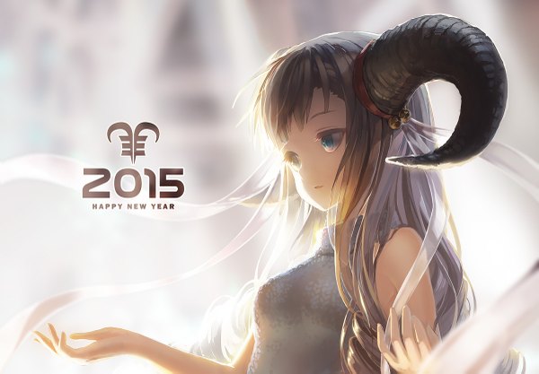 Anime picture 1200x835 with original ritsuki single long hair blue eyes brown hair looking away horn (horns) sunlight inscription new year happy new year 2015 girl bell sweater jingle bell turtleneck sleeveless turtleneck
