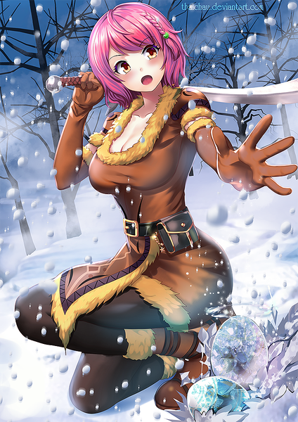 Anime picture 707x1000 with original riiya (mabong1989) single tall image looking at viewer blush fringe short hair breasts open mouth holding brown eyes signed pink hair cleavage outdoors braid (braids) fur trim snowing winter