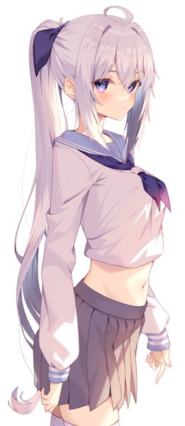 Anime picture 1743x4000 with original jun (aousa0328) single long hair tall image looking at viewer blush fringe highres simple background hair between eyes standing white background purple eyes payot ahoge ponytail long sleeves pleated skirt grey hair