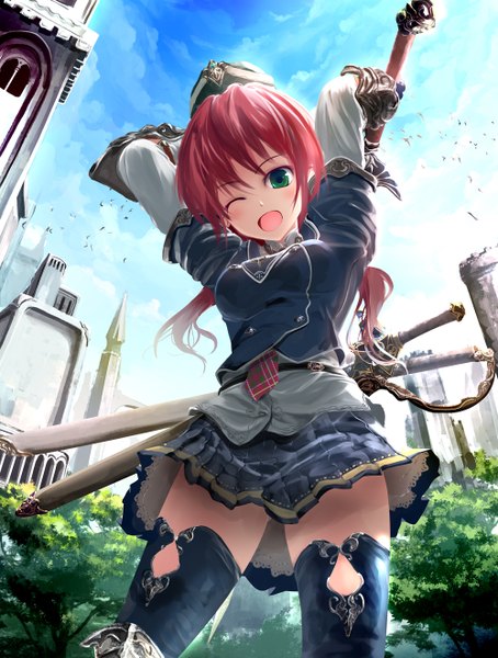 Anime picture 1000x1320 with original kouji (astral reverie) single long hair tall image looking at viewer open mouth light erotic green eyes red hair one eye closed wink girl thighhighs skirt weapon black thighhighs plant (plants) sword tree (trees)