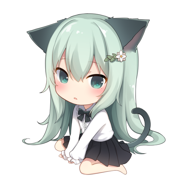 Anime-Bild 900x900 mit original nachi single long hair looking at viewer blush fringe open mouth simple background hair between eyes white background sitting green eyes animal ears full body tail animal tail pleated skirt green hair cat ears