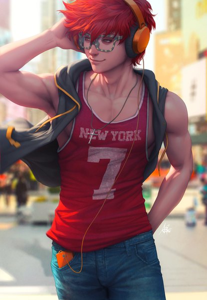 Anime picture 900x1300 with mystic messenger 707 (mystic messenger) artgerm (stanley lau) single tall image fringe short hair smile hair between eyes red eyes signed looking away red hair wind blurry realistic open clothes city arm behind head cityscape