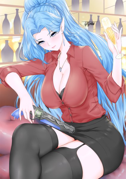 Anime picture 1013x1433 with original toyoman single long hair tall image looking at viewer blush fringe breasts blue eyes light erotic large breasts sitting holding signed blue hair cleavage ponytail indoors braid (braids)