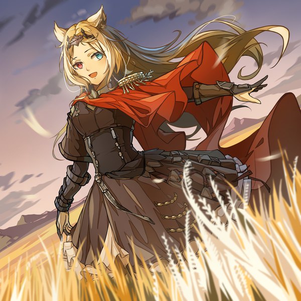 Anime picture 2048x2048 with arknights archetto (arknights) iowae single long hair highres open mouth blonde hair animal ears looking away sky outdoors :d wind heterochromia outstretched arm field girl epaulettes