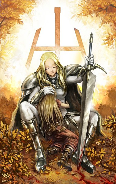 イラスト 634x1000 と クレイモア マッドハウス clare (claymore) teresa maxa-art 長髪 長身像 おっぱい 金髪 茶色の髪 座る multiple girls eyes closed hug back hand on head nature bloody weapon 女の子 武器