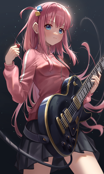 Anime picture 1800x3000 with bocchi the rock! cloverworks gotou hitori akgrn single long hair tall image highres blue eyes pink hair sparkle one side up playing instrument girl hair ornament musical instrument guitar electric guitar cube hair ornament plectrum