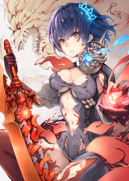 Anime picture 1190x1669 with sinoalice alice (sinoalice) hoshizaki reita single tall image looking at viewer fringe short hair breasts light erotic hair between eyes sitting holding brown eyes signed blue hair cleavage bent knee (knees) teeth magic