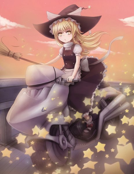Anime picture 1250x1619 with touhou kirisame marisa sharkbro single long hair tall image looking at viewer blonde hair yellow eyes cloud (clouds) girl dress skirt star (symbol) witch hat skirt set broom motorcycle