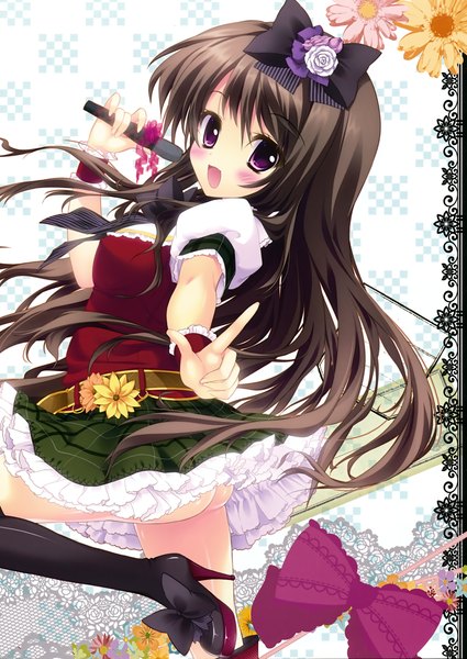 Anime picture 2478x3500 with prismatic world (artbook) shiramori yuse single long hair tall image looking at viewer blush highres open mouth light erotic black hair purple eyes scan girl dress flower (flowers) bow hair bow frills thigh boots