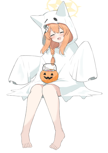 Anime picture 1028x1452 with blue archive mari (blue archive) yoimura single long hair tall image fringe open mouth simple background hair between eyes white background sitting full body braid (braids) eyes closed barefoot orange hair bare legs single braid halloween