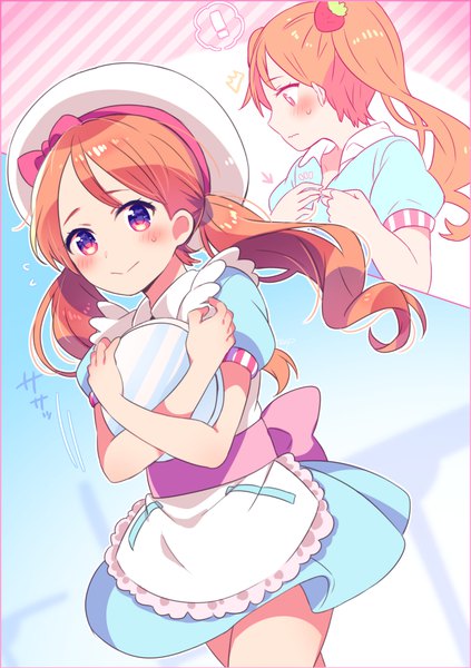 Anime picture 700x993 with precure kirakira precure a la mode toei animation usami ichika aicedrop long hair tall image smile red eyes twintails looking away orange hair short sleeves sweat puffy sleeves low twintails sweatdrop walking dressing !