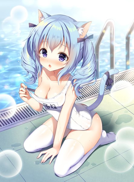 Anime picture 1200x1619 with original mauve single long hair tall image looking at viewer blush fringe breasts open mouth blue eyes light erotic hair between eyes large breasts sitting twintails bare shoulders animal ears blue hair cleavage