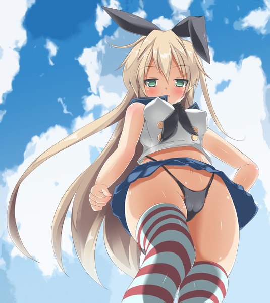 Anime picture 1119x1255 with kantai collection shimakaze destroyer shin'ya natsuki single long hair tall image looking at viewer blush breasts light erotic blonde hair green eyes sky cloud (clouds) from below erect nipples covered nipples cameltoe girl thighhighs
