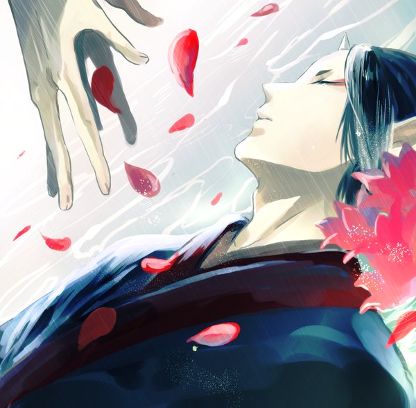 Anime picture 1125x1104 with hoozuki no reitetsu wit studio hoozuki (hoozuki no reitetsu) hkm (hsk10) single short hair eyes closed traditional clothes japanese clothes profile horn (horns) lips pointy ears demon boy flower (flowers) petals yukata