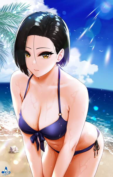 Anime picture 2567x4000 with original yashiki yuuko infinote single tall image looking at viewer fringe highres short hair breasts light erotic black hair hair between eyes large breasts standing signed yellow eyes sky cleavage cloud (clouds)