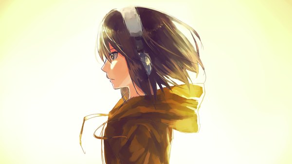 Anime picture 1600x900 with original fare single short hair simple background brown hair wide image brown eyes looking away profile wind sunlight yellow background girl jacket headphones hood