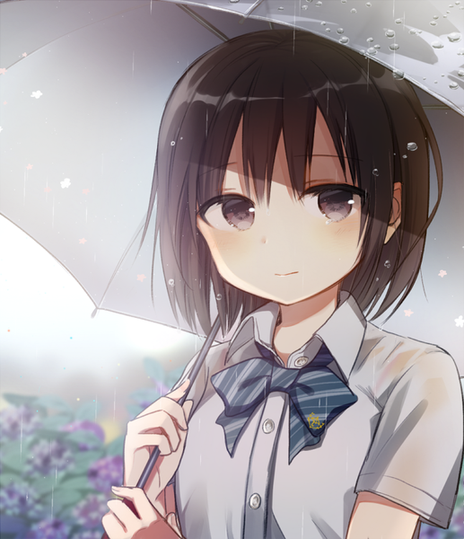 Anime picture 700x812 with original boyano single tall image blush fringe short hair black hair hair between eyes standing holding looking away upper body outdoors black eyes shaded face rain wet clothes summer wet shirt