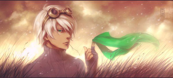 Anime picture 1600x726 with original mezamero single fringe short hair wide image green eyes sky cloud (clouds) hair over one eye realistic mouth hold boy gloves plant (plants) scarf fingerless gloves grass goggles