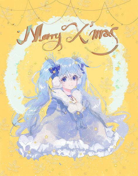 Anime picture 848x1077 with vocaloid hatsune miku fuyu no yoru miku say hana single long hair tall image looking at viewer fringe blue eyes smile hair between eyes twintails blue hair upper body christmas yellow background merry christmas girl hair ornament