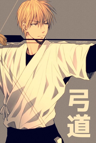 Anime picture 550x811 with kuroko no basket production i.g kise ryouta mashima shima single tall image fringe short hair simple background blonde hair hair between eyes signed yellow eyes looking away traditional clothes japanese clothes grey background serious archery boy