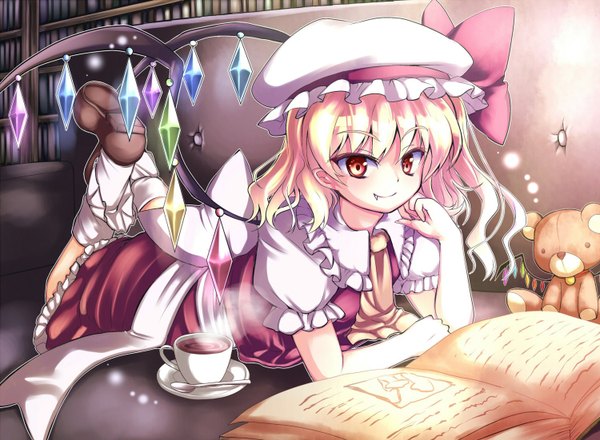 Anime picture 1500x1102 with touhou flandre scarlet fuepo short hair blonde hair red eyes loli fang (fangs) one side up head rest girl dress bow hat wings book (books) couch cup teddy bear spoon