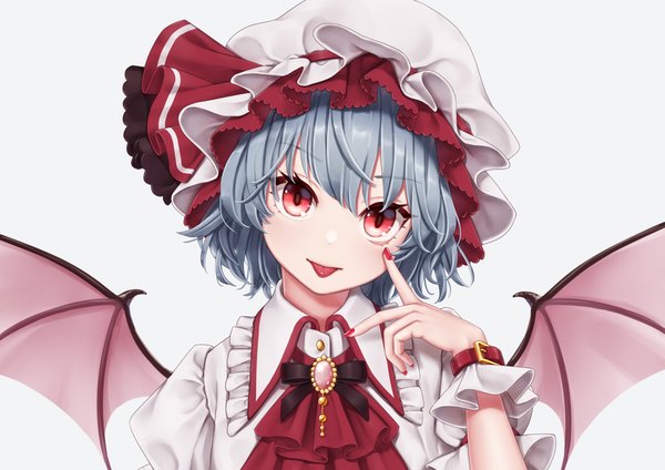 Anime picture 1228x868 with touhou remilia scarlet torinari (dtvisu) single looking at viewer fringe short hair simple background red eyes nail polish grey hair grey background :p bat wings red nail polish akanbe girl hat wings tongue