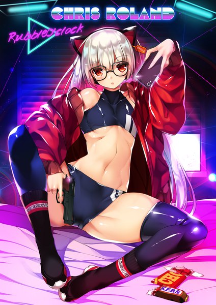 Anime picture 1447x2047 with original tamiya akito single long hair tall image looking at viewer blush fringe breasts light erotic hair between eyes red eyes sitting holding animal ears silver hair full body cat ears off shoulder open jacket