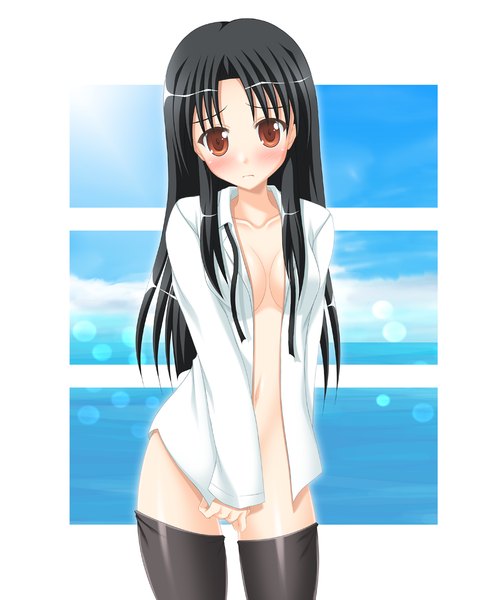 Anime picture 1299x1553 with original yuunagi kanade long hair tall image blush breasts light erotic black hair orange eyes girl thighhighs black thighhighs