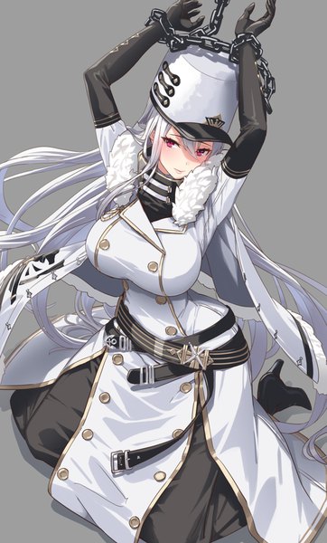 Anime picture 2282x3776 with azur lane sovetskaya rossiya (azur lane) mismi single long hair tall image blush fringe highres breasts simple background hair between eyes red eyes large breasts signed silver hair from above grey background fur trim twitter username
