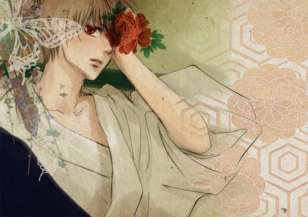 Anime picture 1101x777 with gintama sunrise (studio) okita sougo single looking at viewer short hair red eyes brown hair japanese clothes lips alternate costume hand on head boy flower (flowers) kimono insect butterfly