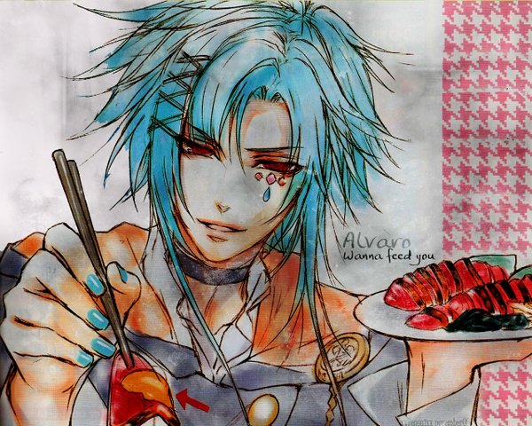 Anime picture 1280x1024 with wand of fortune wand of fortune 2 idea factory alvaro garay single looking at viewer short hair red eyes holding nail polish aqua hair inscription boy hair ornament food hairclip x hair ornament chopsticks