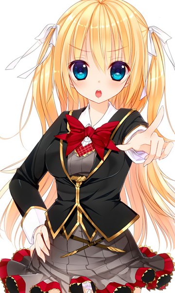 Anime picture 711x1185 with original yadapot single long hair tall image looking at viewer blush open mouth blue eyes simple background blonde hair white background girl dress bow hair bow