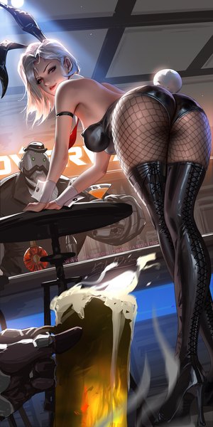 Anime picture 1000x2000 with overwatch blizzard entertainment ashe (overwatch) bob (overwatch) liang xing tall image short hair breasts light erotic red eyes large breasts standing bare shoulders animal ears ass white hair indoors tail animal tail looking back