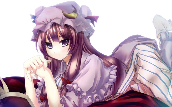 Anime picture 2400x1500 with touhou patchouli knowledge uzuki aoki highres wide image purple eyes purple hair girl dress ribbon (ribbons) hat