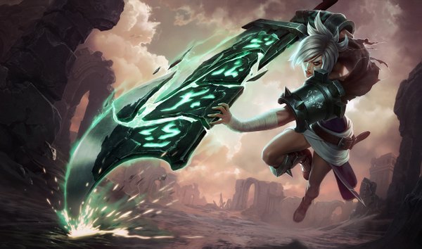 Anime picture 1215x717 with league of legends riven (league of legends) single fringe short hair wide image brown eyes cloud (clouds) white hair hair over one eye official art rock glowing weapon girl sword belt bandage (bandages) huge weapon huge sword