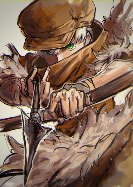 Anime picture 1450x2048 with dr. stone saionji ukyou chanmura single tall image fringe short hair hair between eyes green eyes silver hair upper body covered mouth sketch archery boy weapon hat bow (weapon) arrow (arrows) cabbie hat